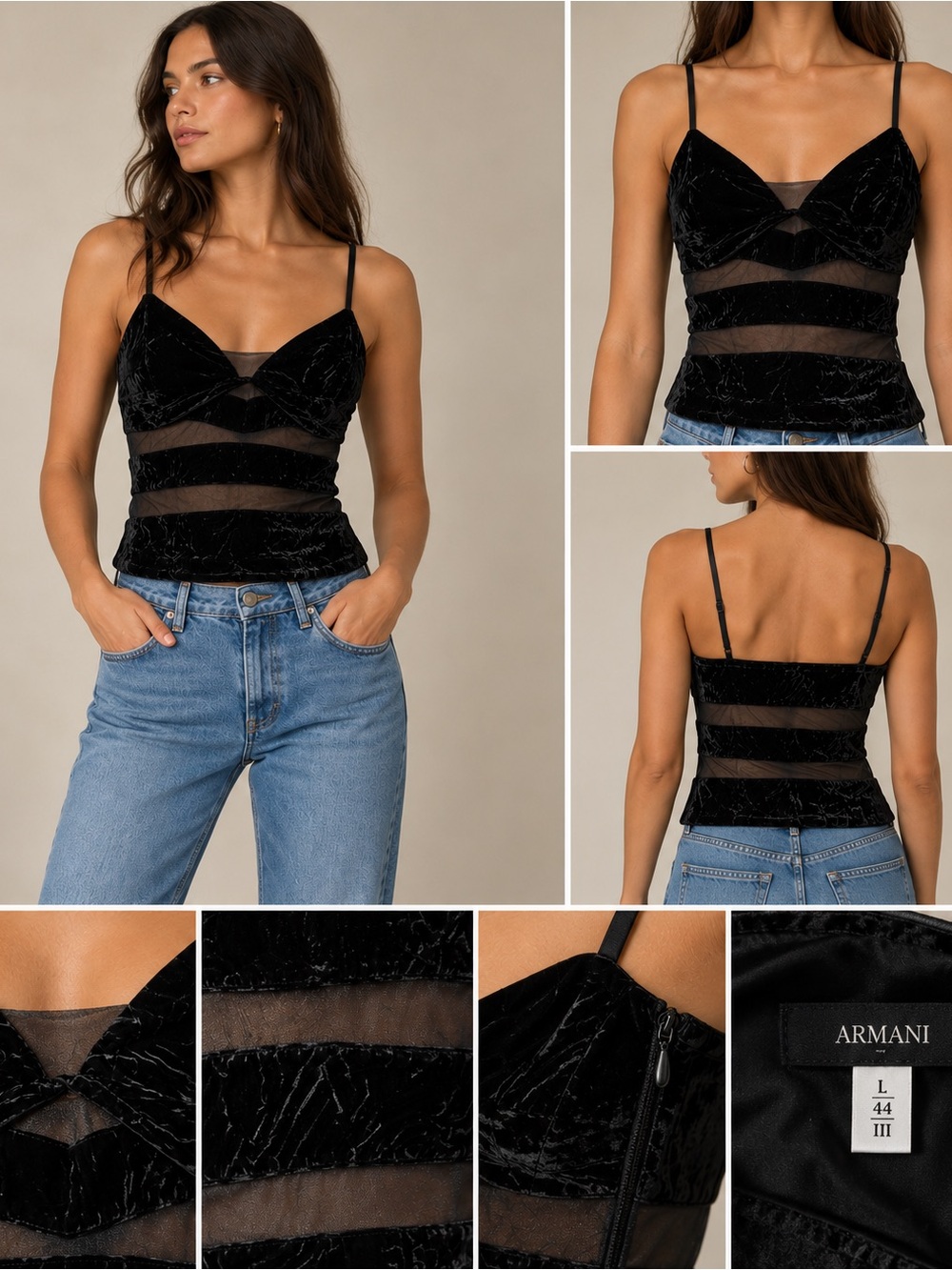 Vintage Armani Velvet Mesh Cropped Tank Top Black Size Large